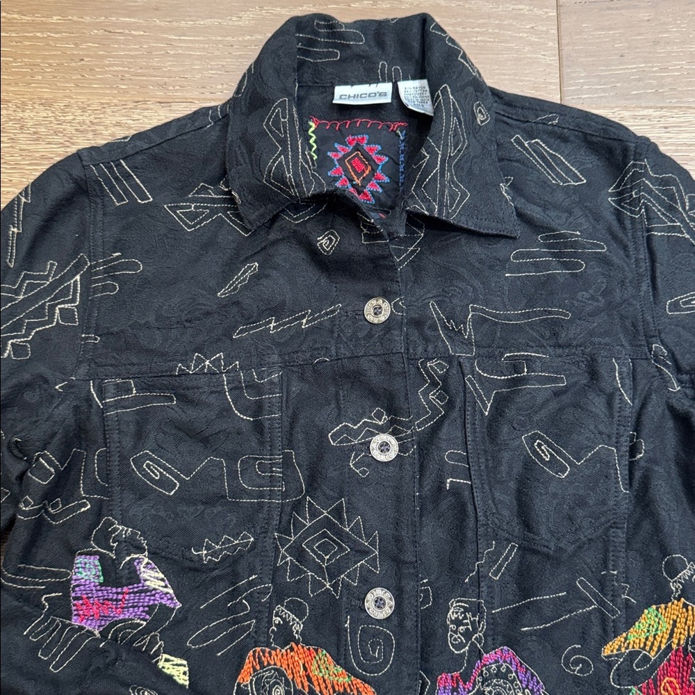 Chico’s Embroidered Boho Jacket Black Artistic Tribal Statement Piece size 0 - Picture 3 of 11